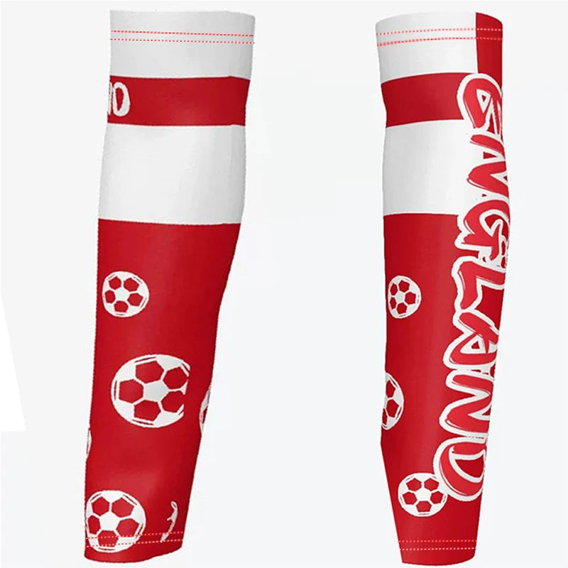 Red and white flag arm sleeves for sports and sun protection, shown in a vertical view.