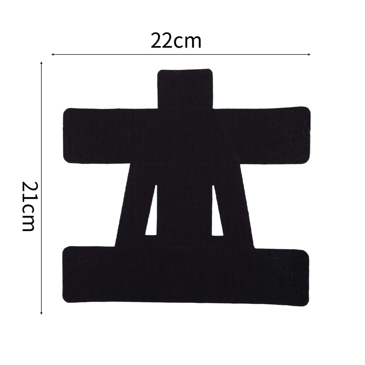 Black elastic patch designed for shoulder pain relief, measuring 22cm by 21cm.