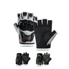 A set of black and gray breathable half-finger motorcycle cycling gloves shown in various configurations.
