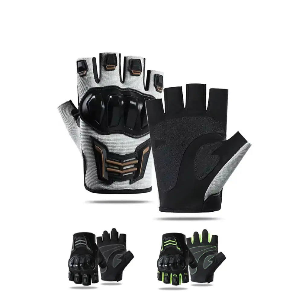 A set of black and gray breathable half-finger motorcycle cycling gloves shown in various configurations.