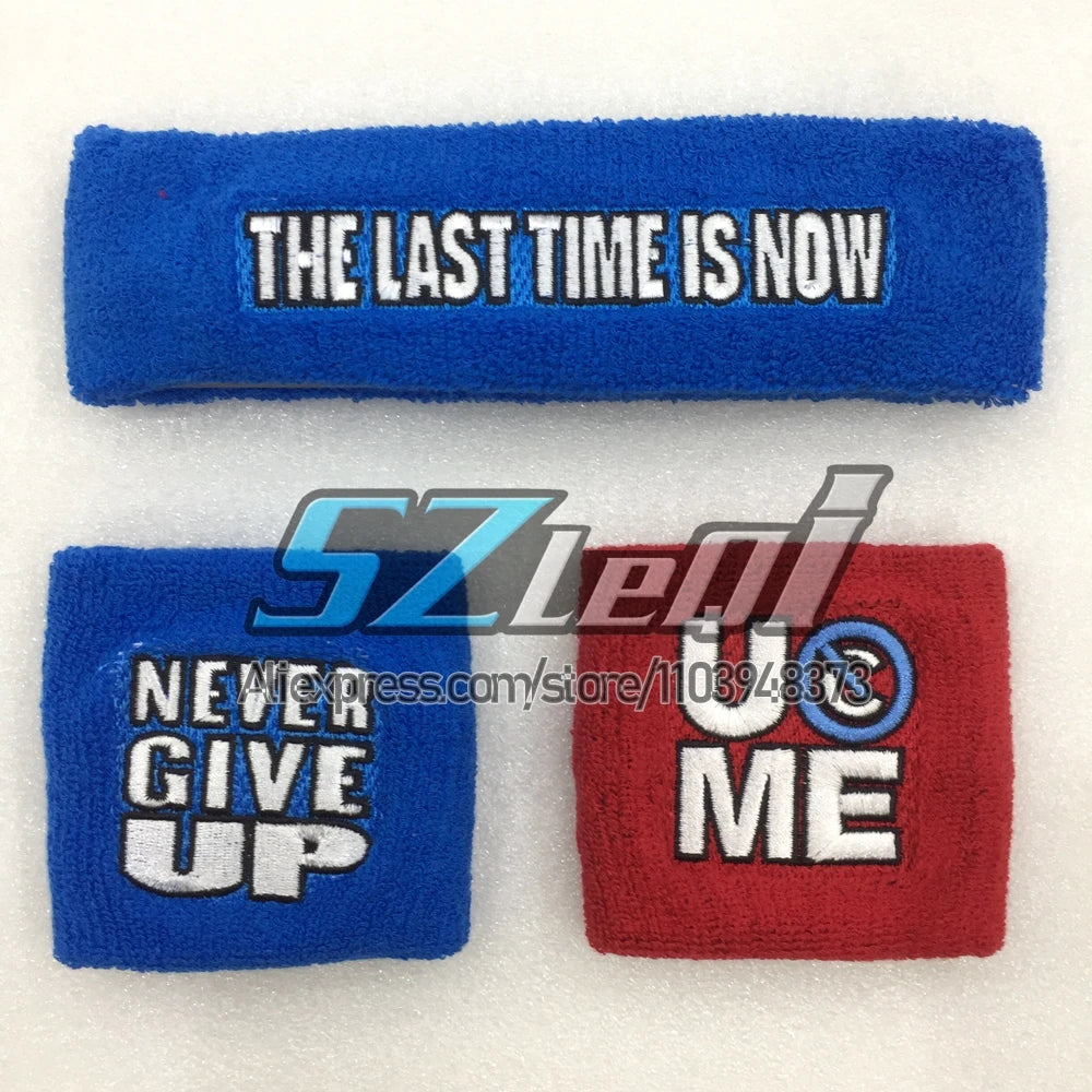Two blue and red embroidered cotton sports wristbands with text on them