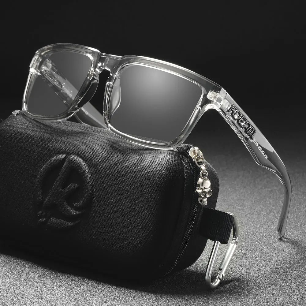 A pair of clear-framed square polarized photochromic sunglasses resting on a black pouch.