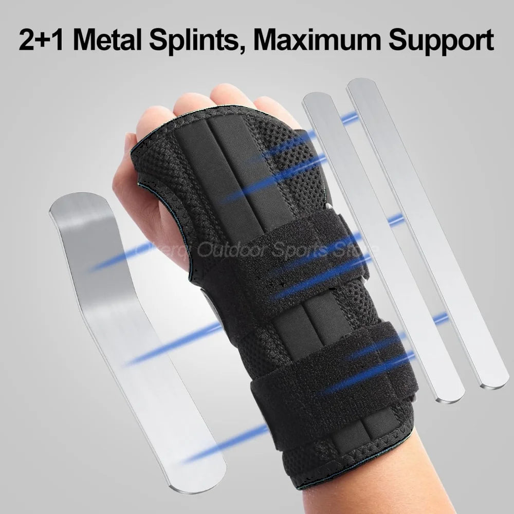 Eine Hand hält eine schwarze orthopädische Kompressions-Handgelenkbandage mit zwei Metallkeilen für maximale Unterstützung.
