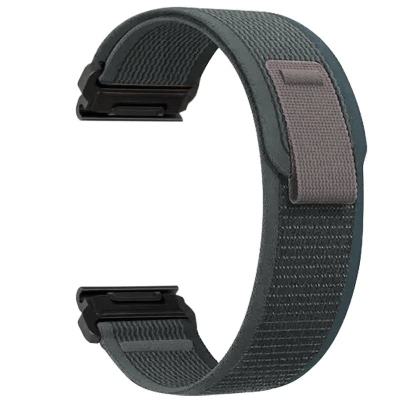A dark gray nylon strap for a sports watch, shown from the side.
