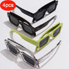 Four pairs of classic square rivet sunglasses in black, brown, olive green, and clear frames.