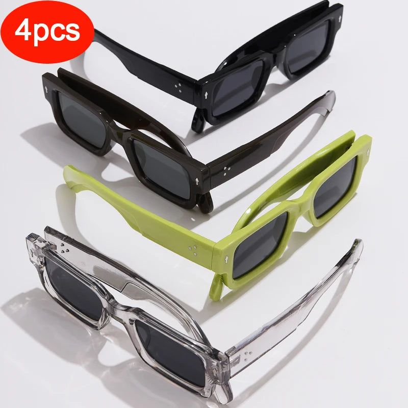Four pairs of classic square rivet sunglasses in black, brown, olive green, and clear frames.