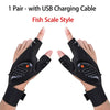 A pair of black fish scale style tactical gloves with USB charging cables shown on hands.