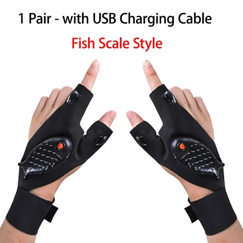 A pair of black fish scale style tactical gloves with USB charging cables shown on hands.
