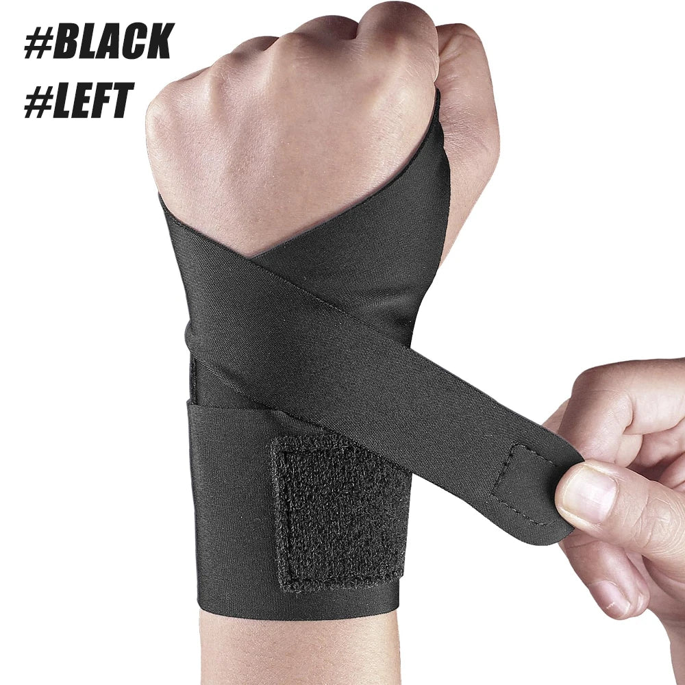 A black wrist support compression strap is shown wrapped around a person's forearm.