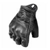 Black full finger leather motorcycle riding gloves with a silver logo on the back of the hand