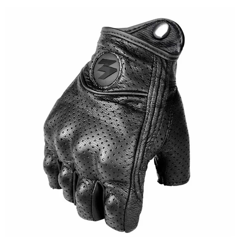 Black full finger leather motorcycle riding gloves with a silver logo on the back of the hand