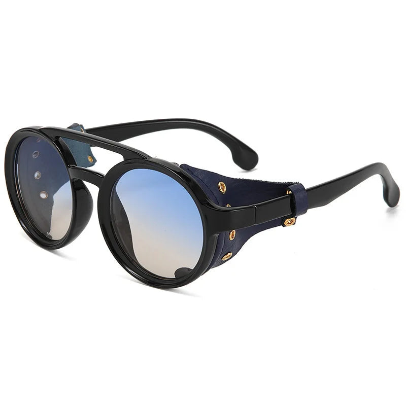 Dark blue retro steampunk goggles sunglasses with gold accents