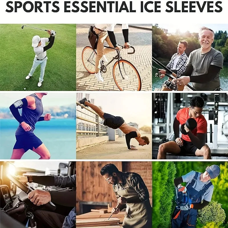 A collection of sports essential ice sleeves and UV protection arm sleeves shown in various contexts.