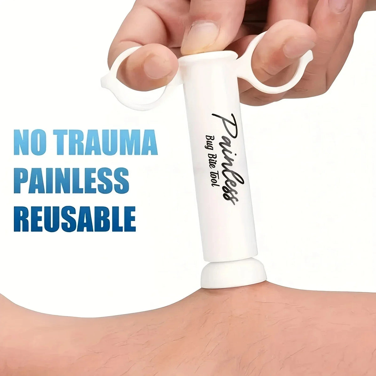 A hand holds a white reusable bug bite tool designed for painless insect bite relief.