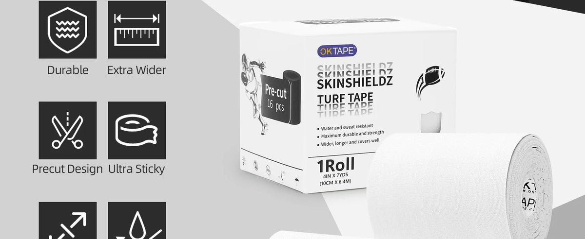 Box and roll of pre-cut turf tape for skin shielding and muscle support