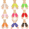 A collection of mesh fingerless gloves in various colors including white, yellow, green, pink, red, and black.