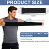 A man demonstrates the size of a black protective arm sleeve, showing its dimensions and elasticity.