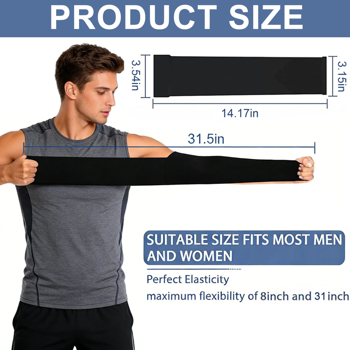 A man demonstrates the size of a black protective arm sleeve, showing its dimensions and elasticity.