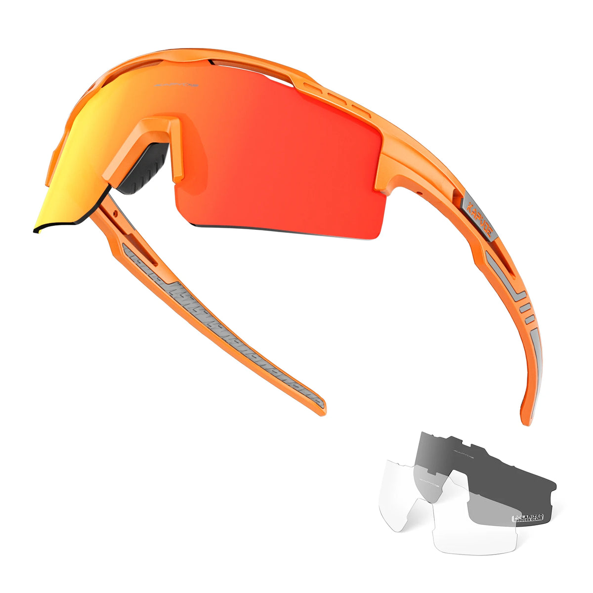 Orange and orange polarized sports sunglasses shown with a detached lens.