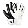 A pair of white and black latex goalkeeper gloves with a wrist strap shown against a white background.
