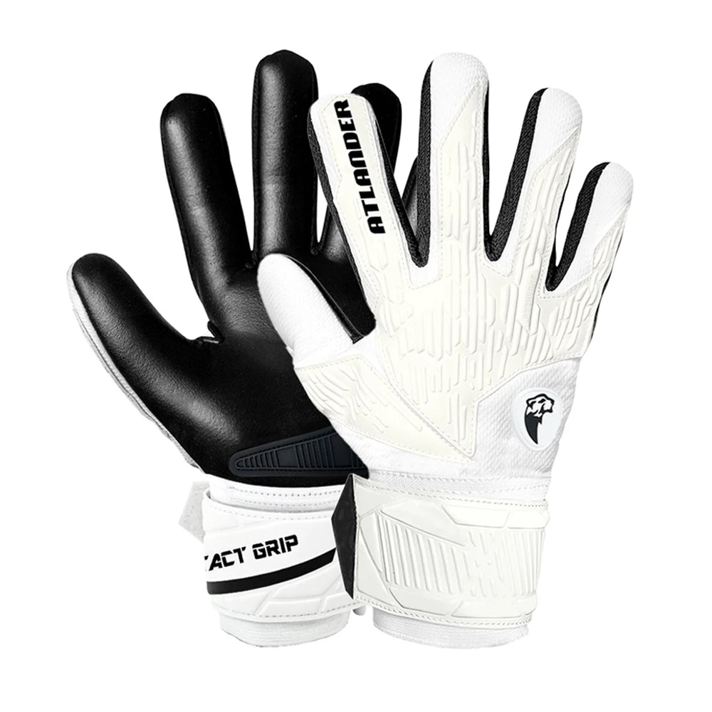 A pair of white and black latex goalkeeper gloves with a wrist strap shown against a white background.