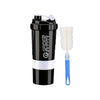 Black leak-proof protein shaker bottle with a white pill tray and blue straw.