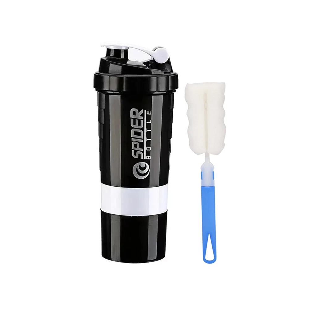 Black leak-proof protein shaker bottle with a white pill tray and blue straw.