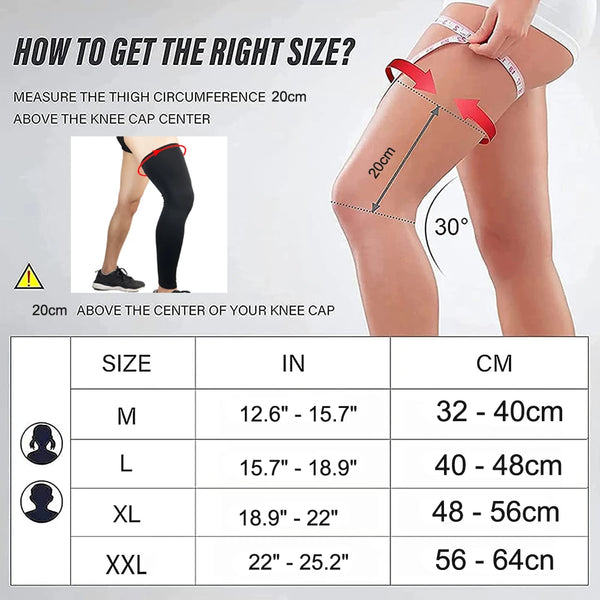 Demonstration of how to measure thigh circumference for compression leg warmers and size chart.