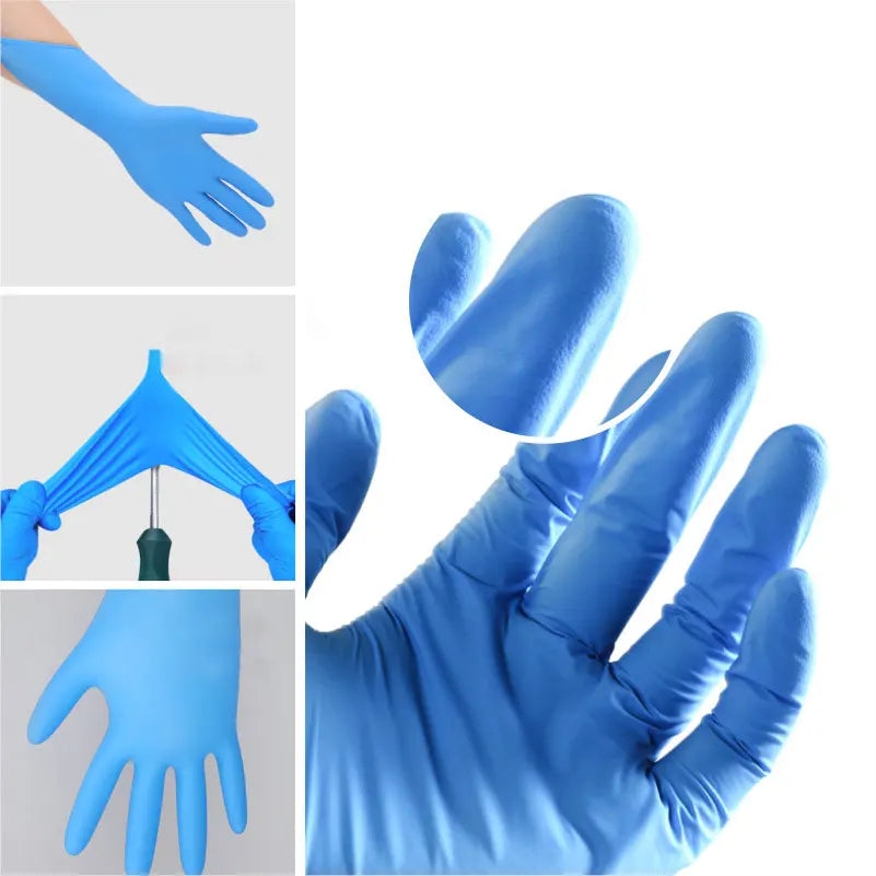 Gants de nettoyage en nitrile bleus vifs et robustes, vus sous différents angles.