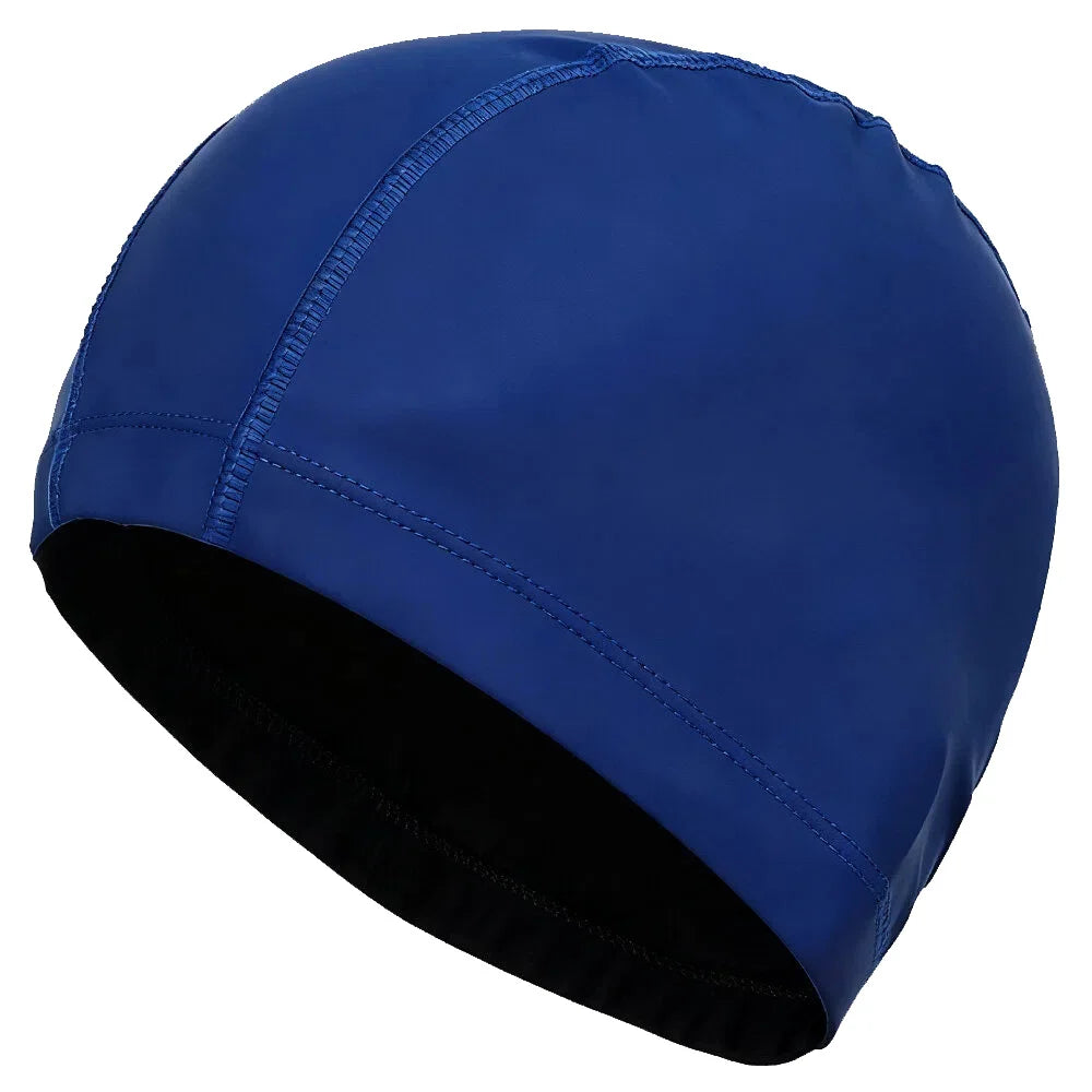 A royal blue waterproof swim cap with a black lining, shown from the side.