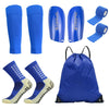 A set of blue football training socks and shin guards displayed individually and packaged in a blue bag.
