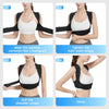 Four steps demonstrating how to wear and tighten an adjustable posture corrector for back and shoulder support