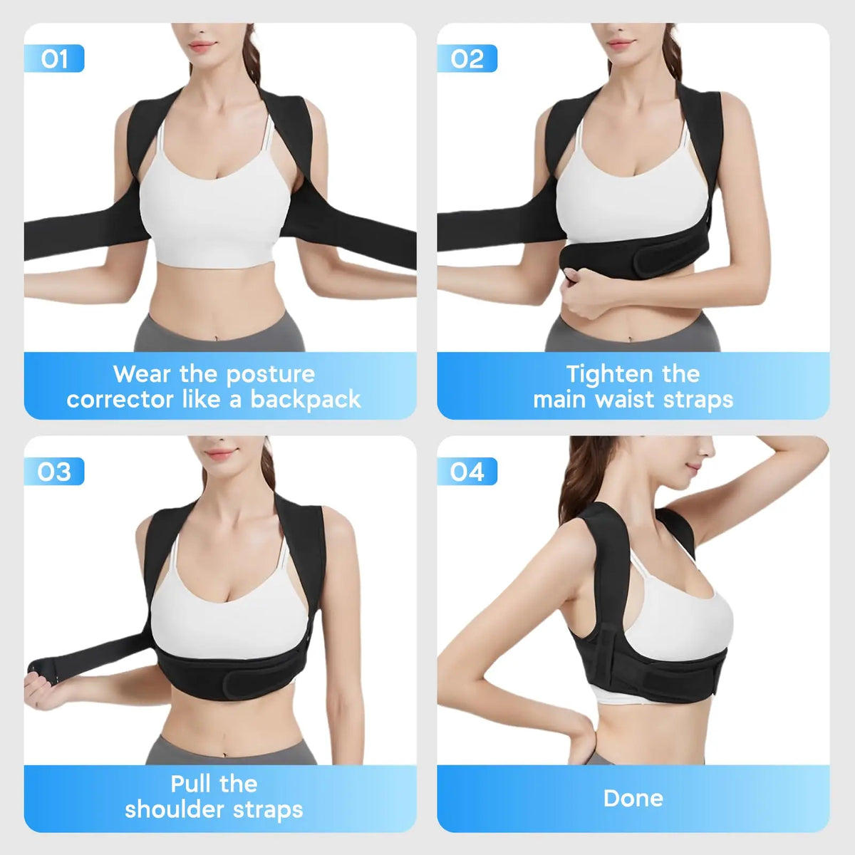 Four steps demonstrating how to wear and tighten an adjustable posture corrector for back and shoulder support
