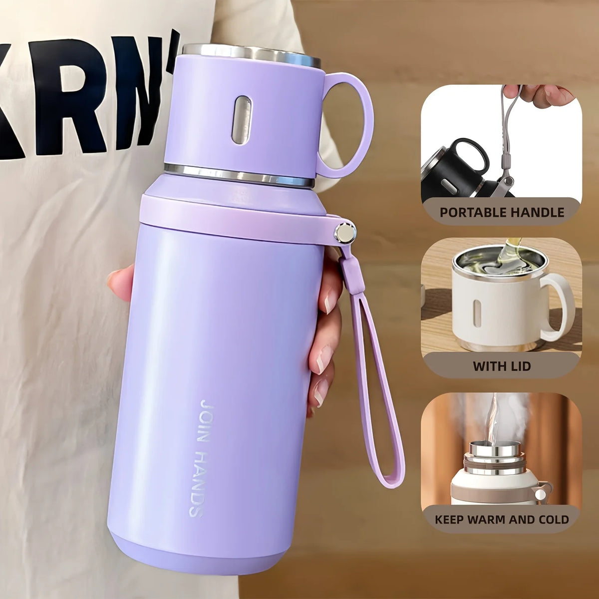 A purple 316 stainless steel insulated water bottle with a portable handle and lid, designed to keep drinks warm or cold.