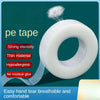 Roll of white PE tape with a puff of white material demonstrating its strong viscosity and thin, hypoallergenic properties.