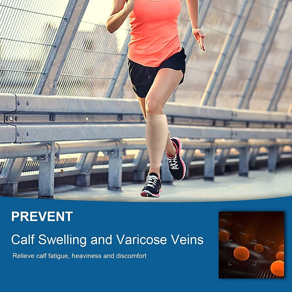 A person wearing high-support leg compression sleeves is running outdoors on a bridge.