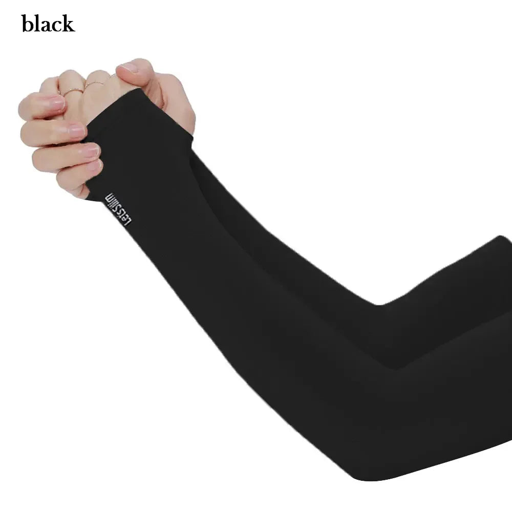 A black long sleeve arm sleeve being held by two hands.