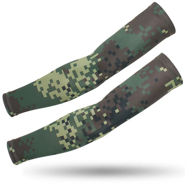 A pair of tactical camouflage arm sleeves designed for UV protection.