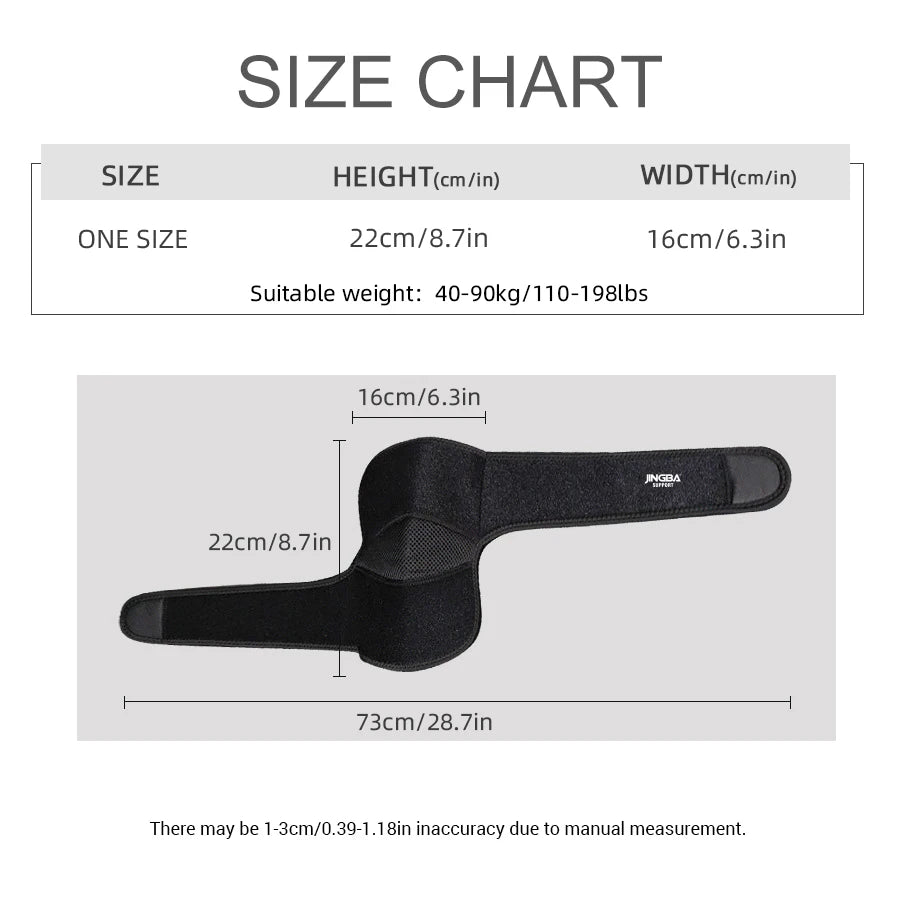 Diagram showing the size chart and dimensions of an elbow support brace.