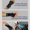 Various views of an adjustable wrist palm support brace in black and blue colors