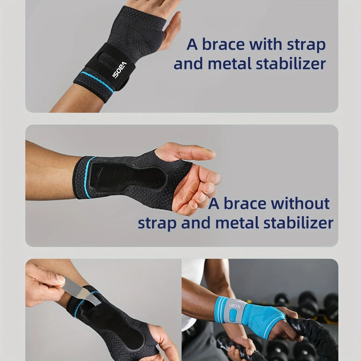 Various views of an adjustable wrist palm support brace in black and blue colors