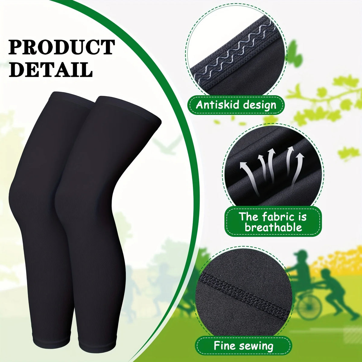 Black compression leg sleeves with anti-skid design, breathable fabric, and fine sewing details.