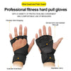 A pair of black professional fitness hard pull gloves showing various features like wire wrapping and silicone gel.