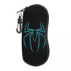 Black pouch with a glowing blue spider web design and a strap.