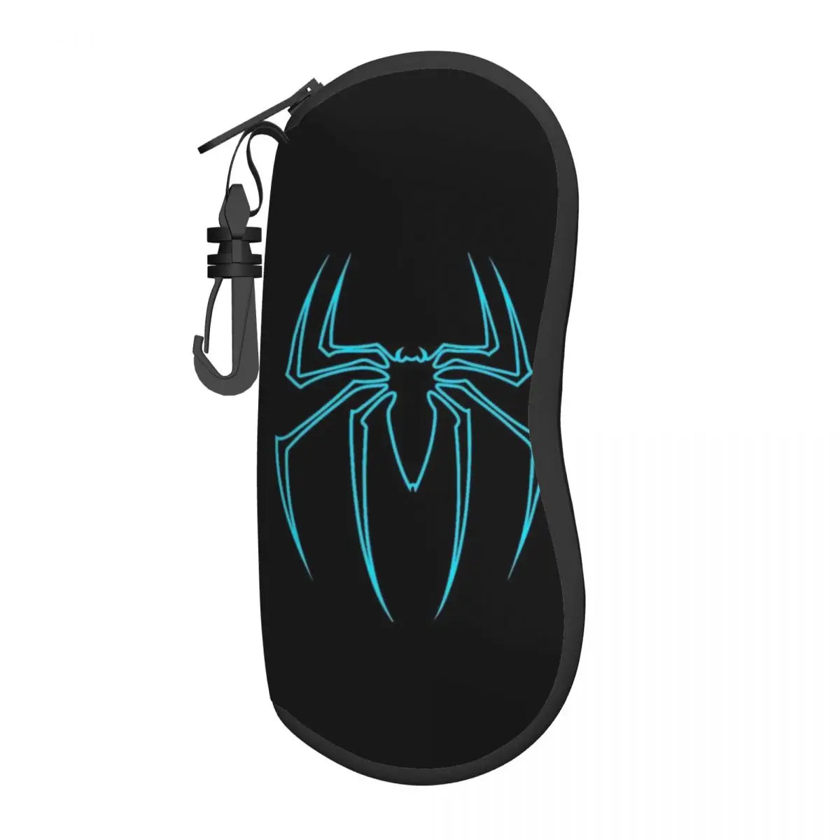 Black pouch with a glowing blue spider web design and a strap.