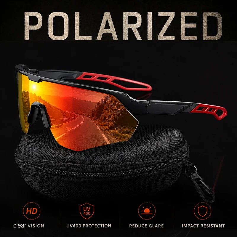 A pair of polarized sunglasses with orange lenses resting on a black padded case.