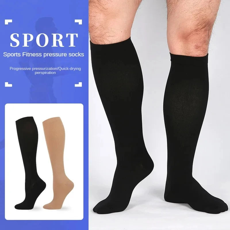 Black sports fitness pressure socks shown on a leg, with color options of black and tan.