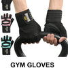 Un set de guantes y pulseras de gimnasio negros de Gounod, sostenidos por una mano agarrando una barra negra.