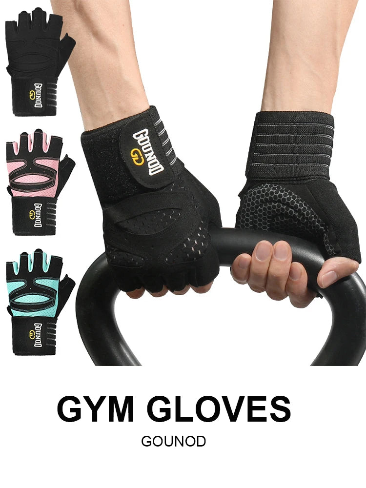 Un set de guantes y pulseras de gimnasio negros de Gounod, sostenidos por una mano agarrando una barra negra.