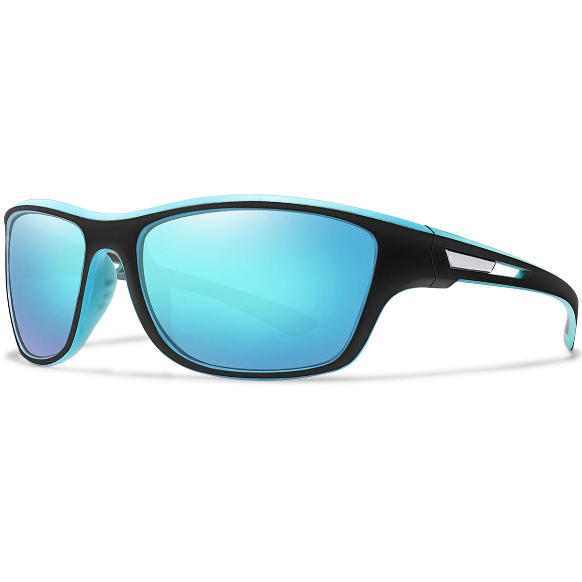 A pair of blue-tinted polarized cycling sunglasses with black frames shown against a white background.